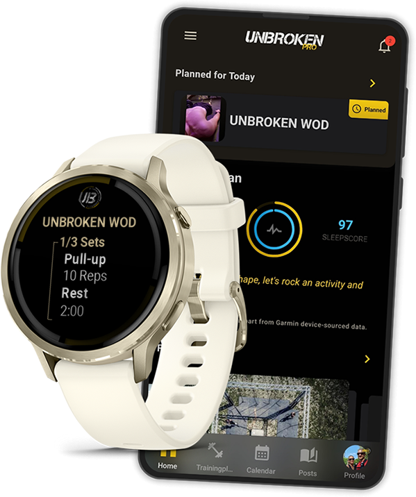 App mockup showing Garmin sync